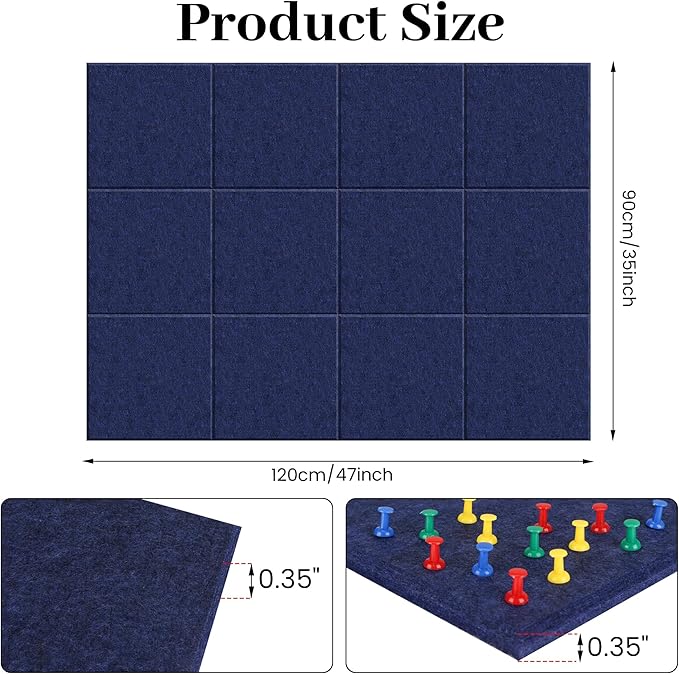 Large Cork Board for Office Dark Blue Felt Board Alternative-12 Pack Felt Wall Tiles for Office Wall Decor,Felt Bulletin Board Tiles,Push pin Board Wall Organizer for Office