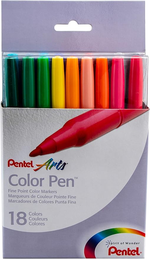 Pentel Color Pen, Fine Point Color Markers, Fiber Tip, Assorted Colors, Set of 18 (S360-18) (Pack of 1, 18 Count Total)