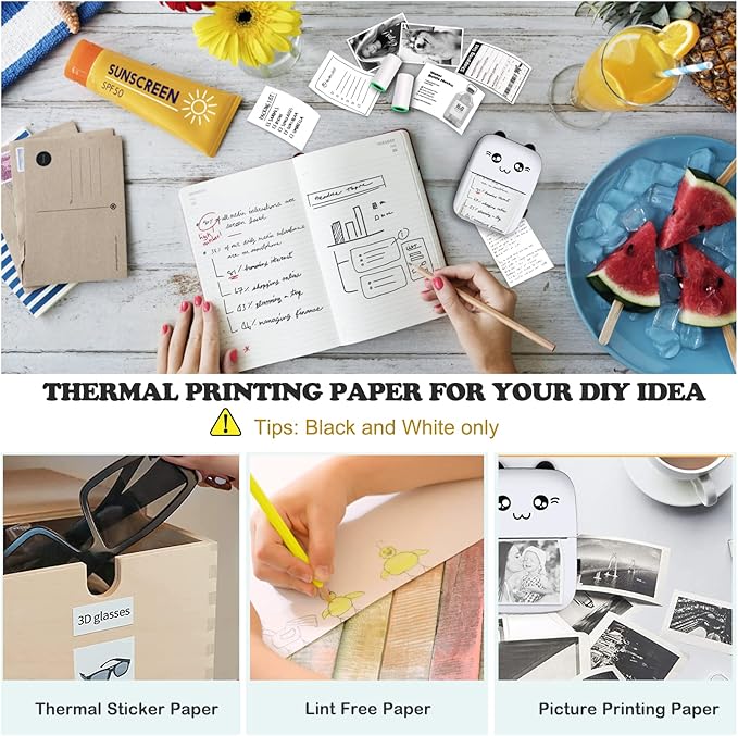 Mini Printer, Thermal Printer Sticker Maker with 10 Rolls Paper, Portable Pocket Printer for Notes, Journal, Fun, Work, Receipt Printer for Kids, Compatible with iOS&Android