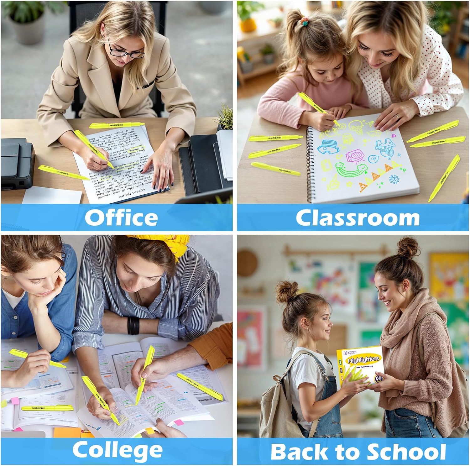 KIZZYEA Highlighters, 60 Pack Yellow Highlighters Bulk, Bright Color Chisel Tip & Dry-Quickly, No Bleed Highlighter Markers for Adult Kids, School Supplies for Teachers, Office Classroom Must Have