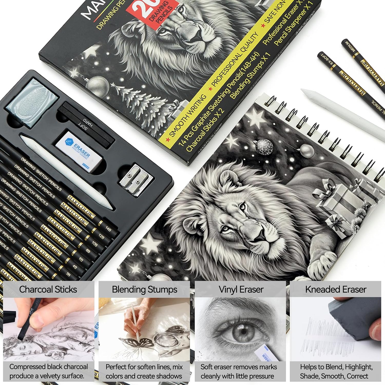 Drawing Sketching Pencil Set, 20 Pieces, Graphite Pencils (14B-4H), Charcoal Sticks, Stump, Eraser, Sharpeners, Ideal for Drawing Art, Sketching, Artist Pencils for Beginners & Pro Artists