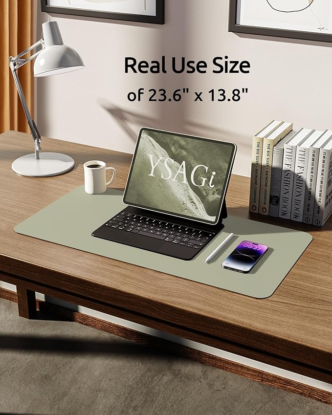 YSAGi Leather Desk Protector, Office Mat, Large Mouse Mat, Non-Slip PU Leather Blotter, Laptop Desk, Waterproof Writing Pad for Office and Home (Sage Green, 23.6" x 13.8")