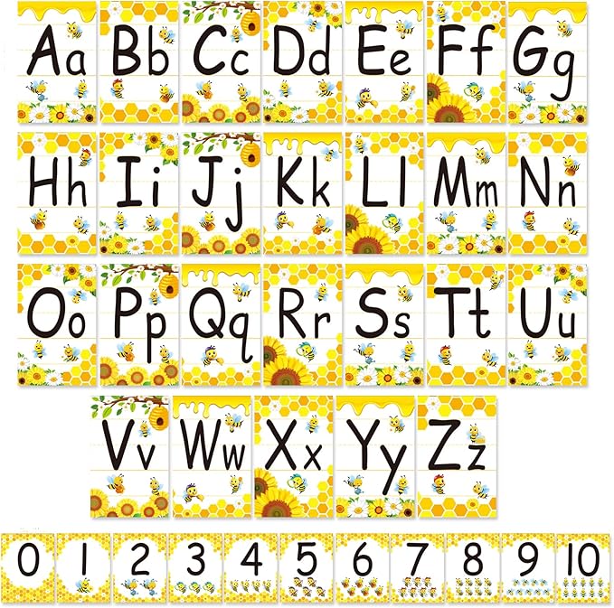 Alphabet Letters for Wall - Bee Themed ABC Poster Classroom Wall Alphabet Preschool English Poster Kindergarten Elementary Classroom Wall Decor Nursery Home School Supplies