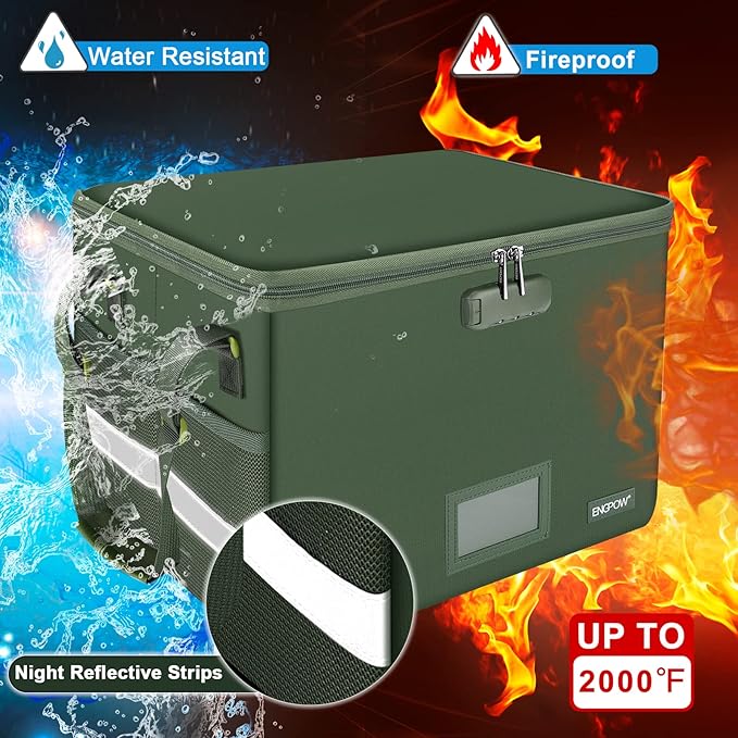 ENGPOW File Box with Lock,Fireproof Document Box with Pockets,Collapsible File Storage Organizer Filing Cabinet with Handle,Portable Home Office Safe for Hanging Letter/Legal Folders,2 Pack(Green)