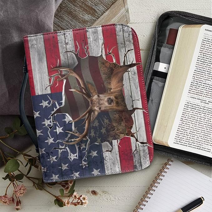 Lotusorchid Reindeer Bible Cover Case, Zippered Bible Carrying Case for Women Girls, Portable American Flag Bible Tote Bag Sturdy Bible Book Cover for Bible Study, Christian Bible Accessories,M