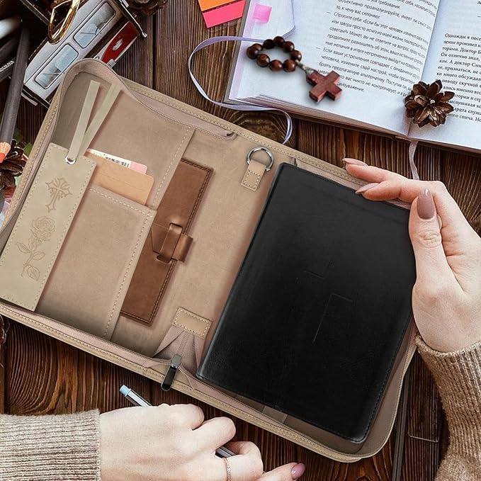 Leather Bible Cover for Woman & Men, Women’s Bible Case with Rose Bookmark for Bible Supplies-Girls Carrying Bag Tote with Strap, Personal Size Book Organizer for Journaling Bible-Khaki