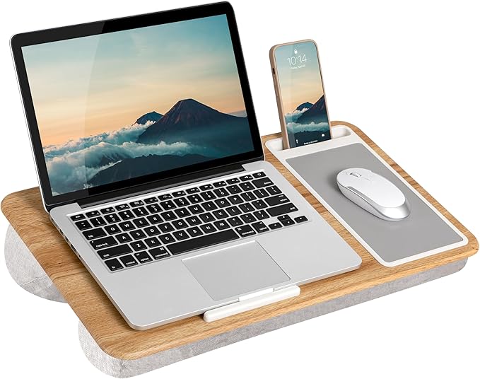 LAPGEAR Home Office Lap Desk with Device Ledge, Mouse Pad, and Phone Holder - Oak Woodgrain - Fits up to 15.6 Inch Laptops - Style No. 91589