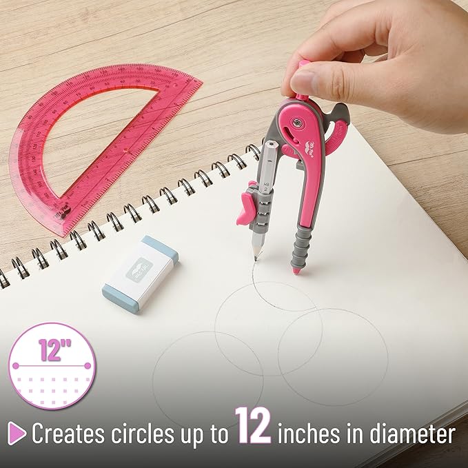 Mr. Pen- Compass and Protractor Set, Vivid Cerise, Compass Geometry Tool, Protractor and Compass Set, Compass Drawing Tool, Drawing Compass, Geometry Compass, Math Compass for Geometry