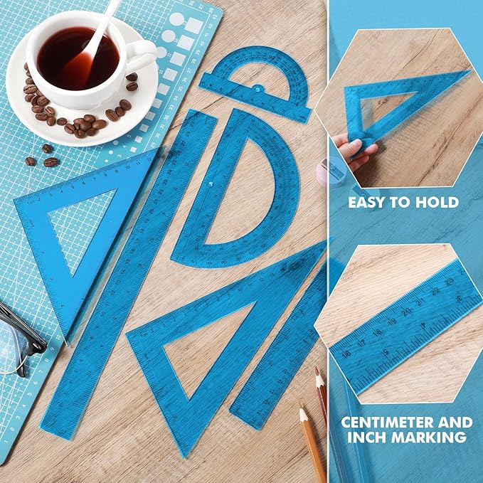 Tenare 6 Pcs Plastic Ruler Math Set Includes 12 Inch 6 Inch Straight Ruler Protractor Triangle Rulers Geometry Transparent Math Ruler Measuring Tools for School Office Home(Blue)