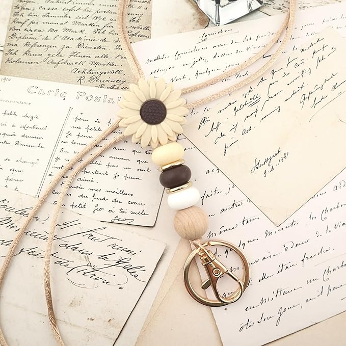 Flower Teacher Lanyards ID Badge and Key Chain, Cute Silicone Beads Lanyard for Women Nurse Work Student (Mocha)