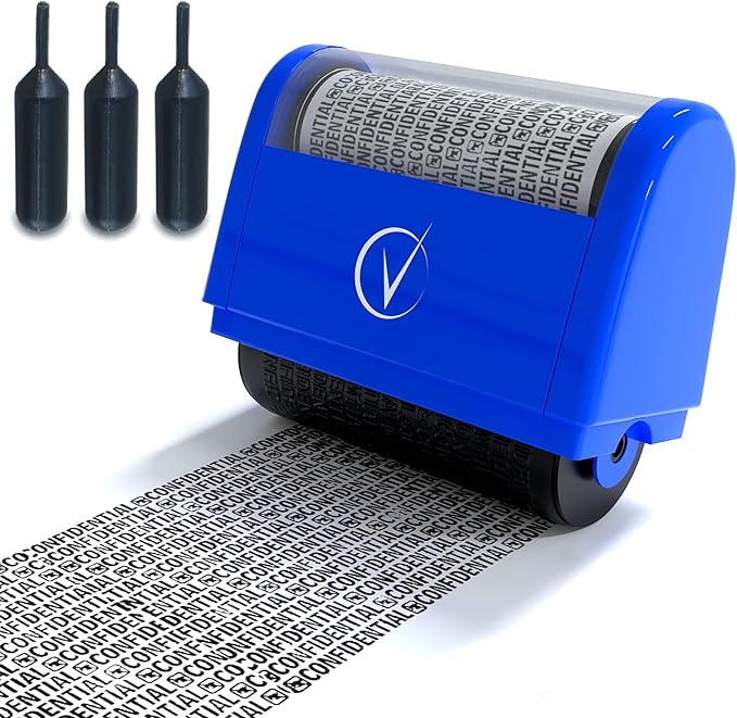 Identity Theft Protection Roller Stamps Wide Kit - Confidential Roller Stamp, Anti Theft, Privacy & Security Stamp, Designed for ID Blackout Security - Classy Blue Wide with 3 Refills