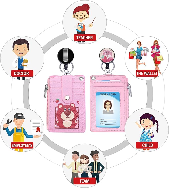 Cute ID Badge Holder Retractable Lanyard Reel Clip with Heavy Duty Carabiner, 5 Card Slots in 2 Sided with Key Ring and Zipper for Students Teens Boys Girls Office Staff Women (Red Bear)