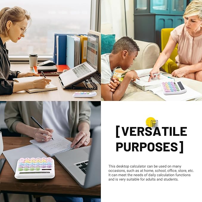 Golcellia Calculators Desktop, White Mechanical Calculator, Cute Calculator 12 Digit Desk Basic Calculator Large Display, Dual Power Solar Battery, Office Home School Supplies for Adults & Students