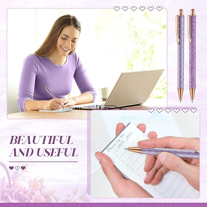 6 Pcs Ballpoint Pens Set Metal Crystal Diamond Pen for Journaling Glitter Pretty Cute Stationery Black Ink Fancy Gifts for Women Girls Teacher Office Wedding School Supplies(Purple Series)