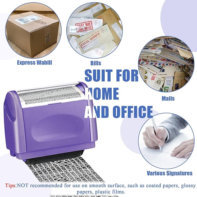 Nezyo 2 Pack Identity Protection Roller Stamp Identity Theft Stamp Confidential Roller Stamp Privacy Stamp Information Blocker Stamp and 4 Pack Refill Ink for ID Account Data Address Security (Purple)