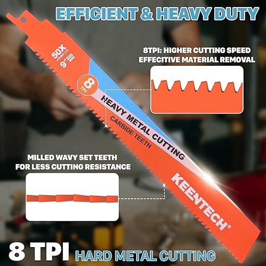 KEENTECH Carbide Sawzall Blades for Hard & Heavy Metal Cutting, 6 Inch 8 TPI, Heavy Duty Reciprocating Saw Blade with High Cutting Speed For Thick Metal, Cast Iron, Alloy Bolt, Stainless Steel, 3 Pack
