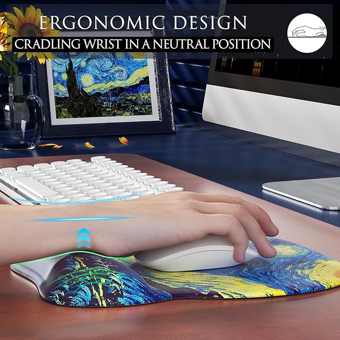 MROCO Ergonomic Mouse Pad with Gel Wrist Rest, Comfortable Mousepad with Smooth Wrist Support Surface and Non-Slip PU Base for Pain Relief, Computer, Laptop, Office & Home, 9.4 x 8.1 in, Starry Night