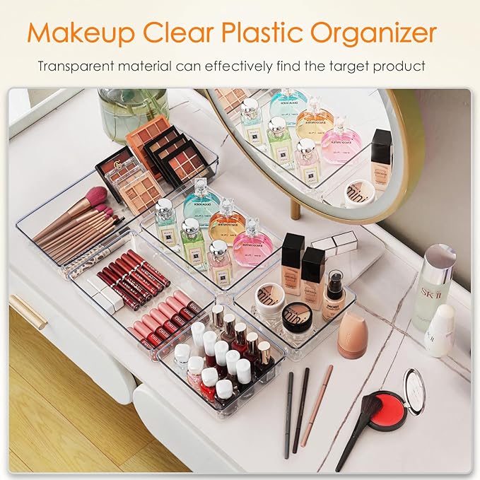 Criusia Drawer Organizer, 10 Pack Large Clear Plastic Kitchen Drawer Organizers Set, 3 Size Versatile Bathroom and Vanity Drawer Organizer Trays, Storage Bins for Makeup, Bedroom, Kitchen Utensils