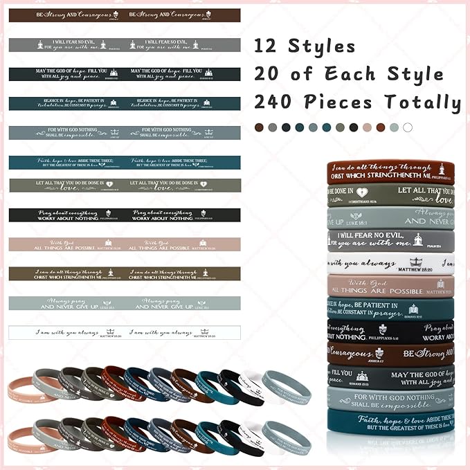 Unittype 240 Pcs Christian Silicone Bracelets Bulk Scripture Gifts Bible Verse Rubber Wristbands Religious Church Gifts for Women Men Party Favors Birthday Easter Baptism Gifts(Classic Color)
