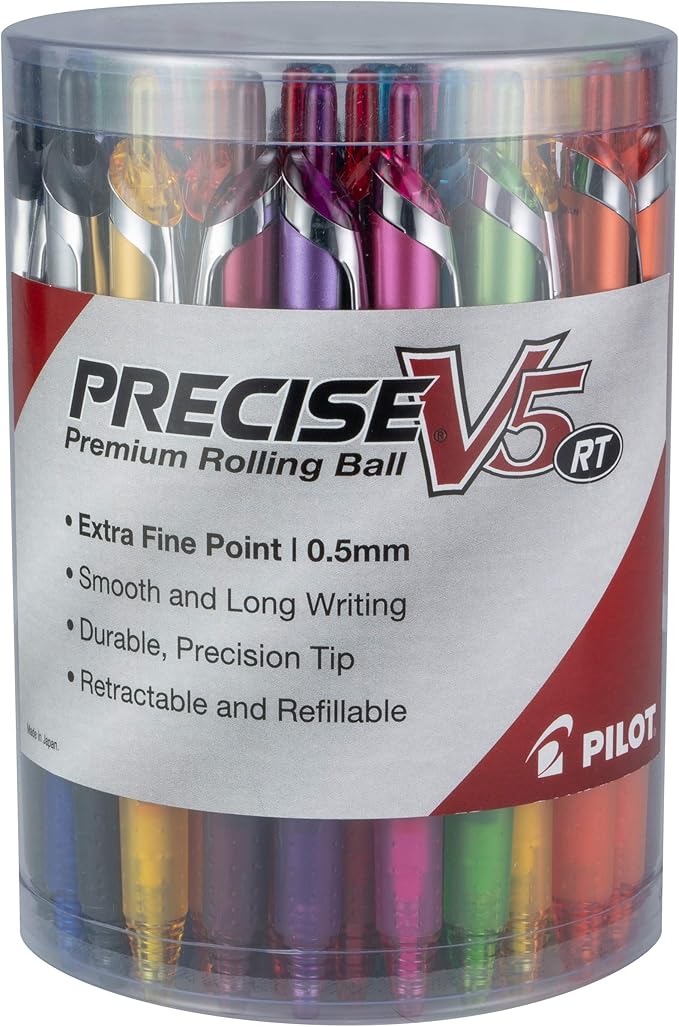 Pilot, Precise V5 RT Refillable & Retractable Rolling Ball Pens, Extra Fine Point 0.5 mm, Assorted Colors, Tub of 48