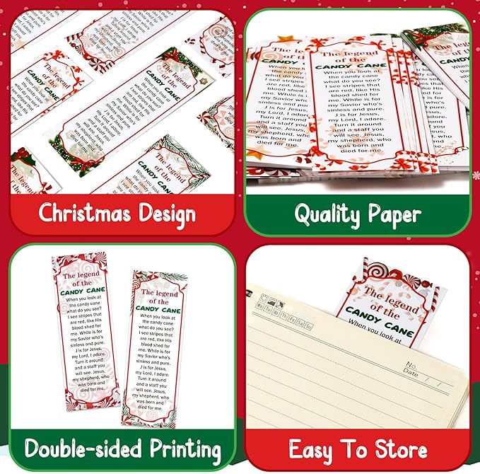 Haooryx 240pcs Christmas Theme Bookmarks, The Legend of The Candy Cane Bookmark with Red Ribbons, Candy Cane J is for Jesus Religious Bookmark Party Favor for Sunday School Supply Students Rewards