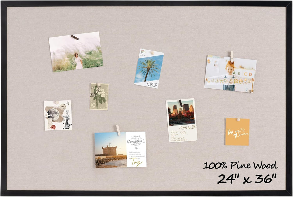 Fun Memories Cork Board Bulletin Board for Office, 24" x 36" Pine Wooden Framed Corkboard, Wall Mounted Notice Pin Board for School Home & Office, Black