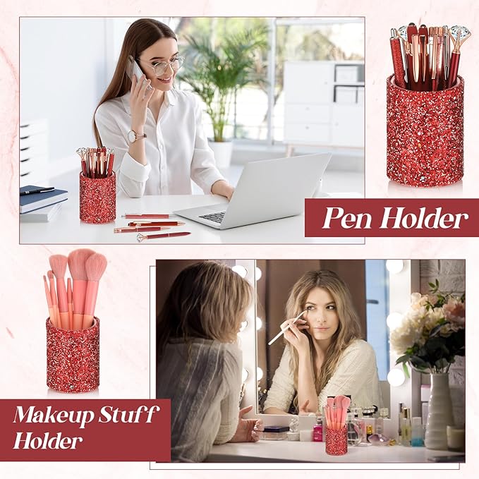 Sabary 8 Pcs Ballpoint Pens with Pen Holder for Desk Glitter Crystal Diamond Fancy Pencil Holder Bling Desk Organizer Cute Stationery Supplies for Women Girls Wedding Office School Gifts(Red)
