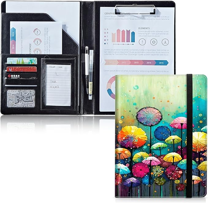 Padfolio Folder with Clipboard,Portfolios Organizer Clipboards with Storage Clipboard Writing Pad PU Leather Conference Document Organizer with Business Card Holder,Colorful Dandelion