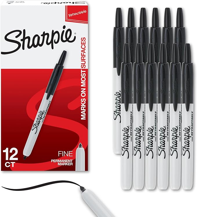 Sharpie Retractable Permanent Markers, Fine Tip Marker Set, Office Supplies, Teacher Supplies, Black, 12 Count