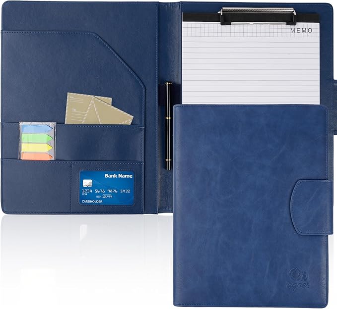 A4 Leather Portfolio Professional Organizer Padfolio,Interview Resume Folder with Magnetic Cover,Conference Document Organizer with Papers,Sticky Tabs,Pen,Work Folio for Women & Man,Retro Blue