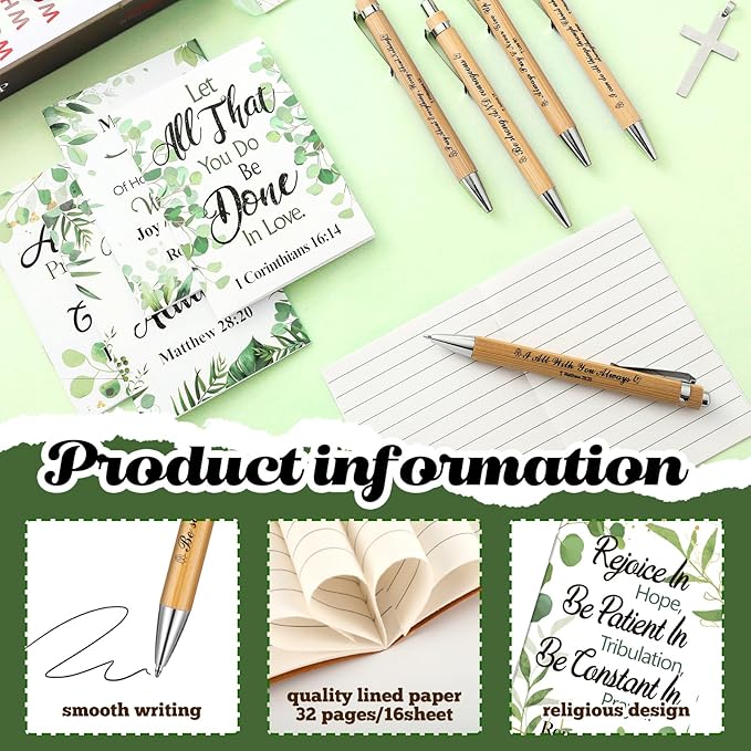 200 Pcs Bible Verse Sets Church Christian Gift Include 50 Scripture Notebooks 50 Bible Bamboo Pens 50 Thanks Tags 50 Organza Bags for Women Man Christian Party Gifts(Green,Vibrant)
