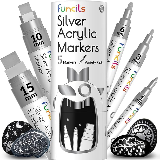 5 Acrylic Silver Paint Pen - Silver Marker Metallic Paint Pens for Fabric, Wood, Canvas, Leaf, Metal, Glass, Plastic - Permanent Pen Fine Tip, Thin Point & Jumbo (1mm, 3mm, 6mm, 10mm, 15mm)