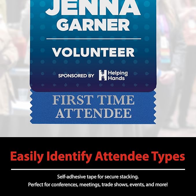 Conference Badge Ribbons with Adhesive, 3-1/2" x 1 5/8", 100pk (50 Attendee, 20 First Time, 10 Sponsor, 10 Exhibitor, 10 Speaker), Satin