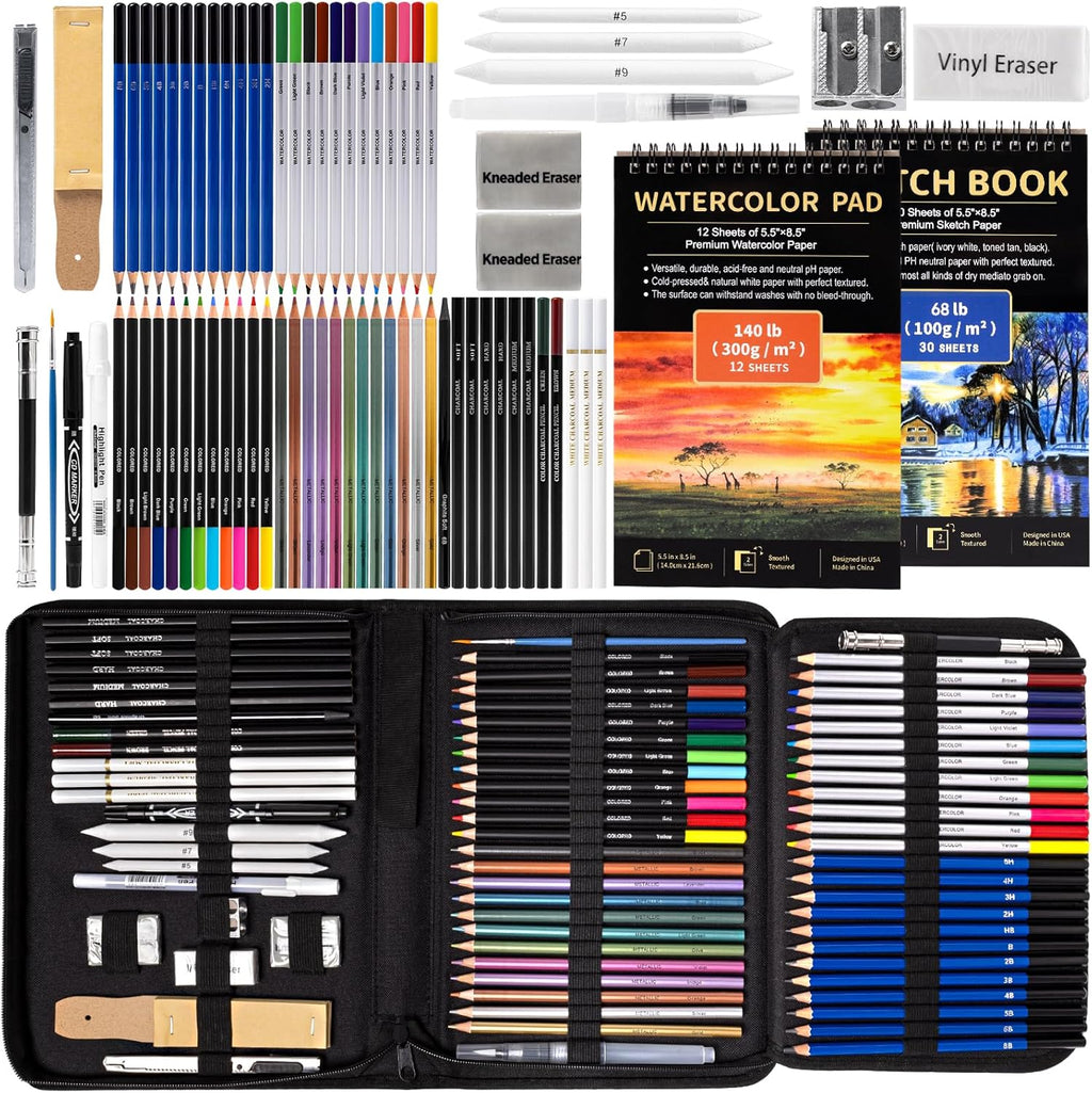 Art Supplies Drawing Pencils Set - 76 Pack Pro Sketching Kit with Sketchbook & Watercolor Pad, Includes Graphite, Charcoal, Watercolor & Metallic Pencils for Kids, Teens, Adults