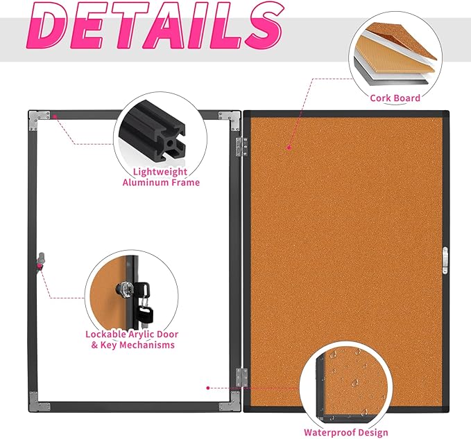 Outdoor Enclosed Bulletin Board, Weatherproof Cork Noticeboard with Clear Acrylic Locking Door, Wall-Mounted Black Aluminum Framed Display Case,36x24in (5xA4)