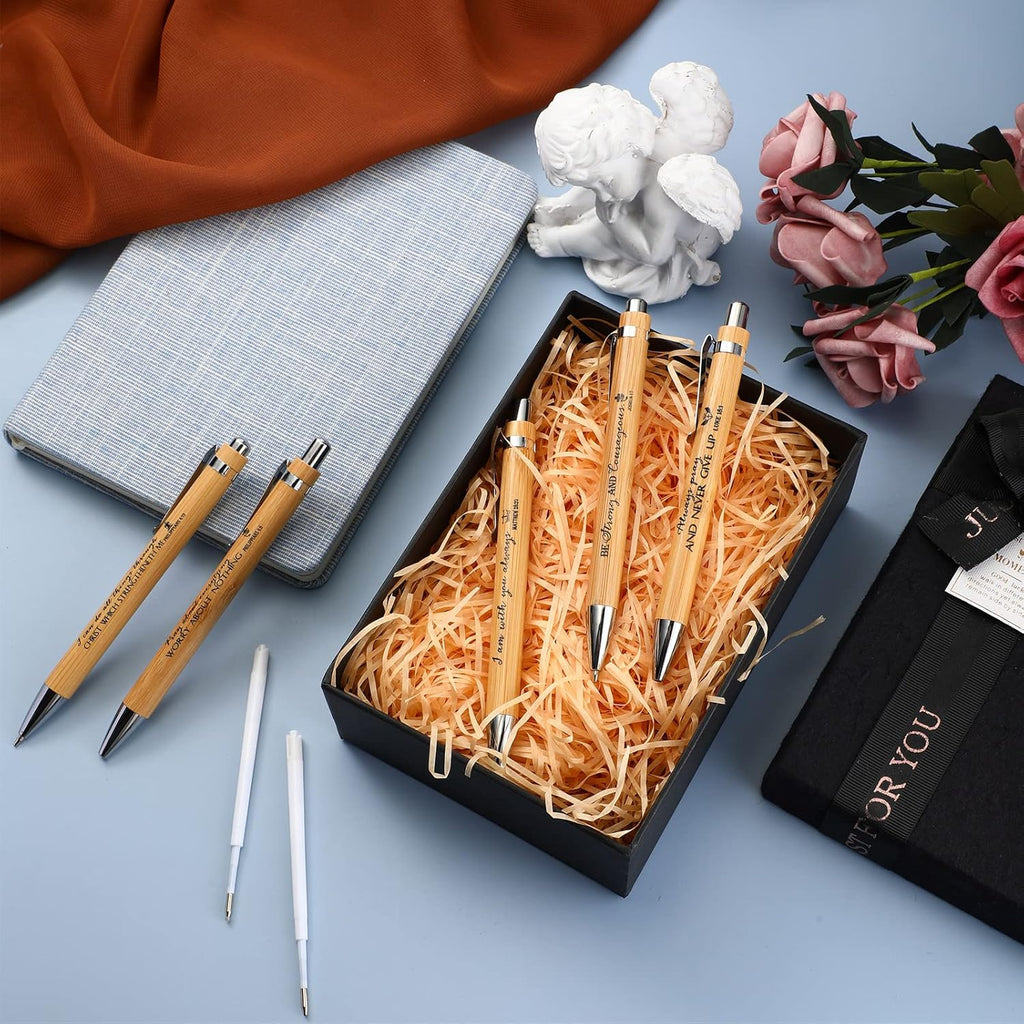 50 Pack Bible Verse Bamboo Retractable Ballpoint Pens Christian Inspirational Bible Verse Ballpoint with Black Ink Pen for Journal Writing Office Supplies Religious Gifts for Men Women(Classic Color)