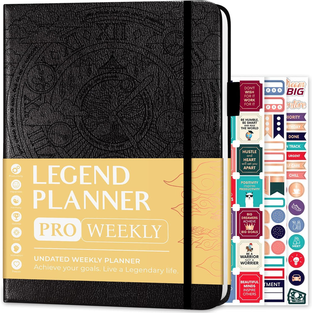 Legend Planner PRO – Deluxe Weekly & Monthly Life Planner to Increase Productivity and Hit Your Goals. Time Management Organizer Notebook – Undated – 7 x 10" Hardcover + Stickers – Black