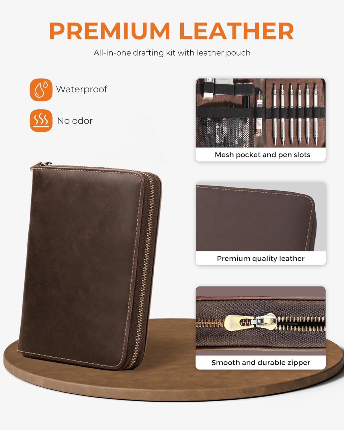 Metal Mechanical Pencil Set in Leather Case, 5PCS Art Drafting Pencil 0.3, 0.5, 0.7, 0.9 & 2mm Lead Holder, 9 Tube (4B 2B HB 2H Colors) Lead Refills for Drawing, Sketching, Writing (Black)