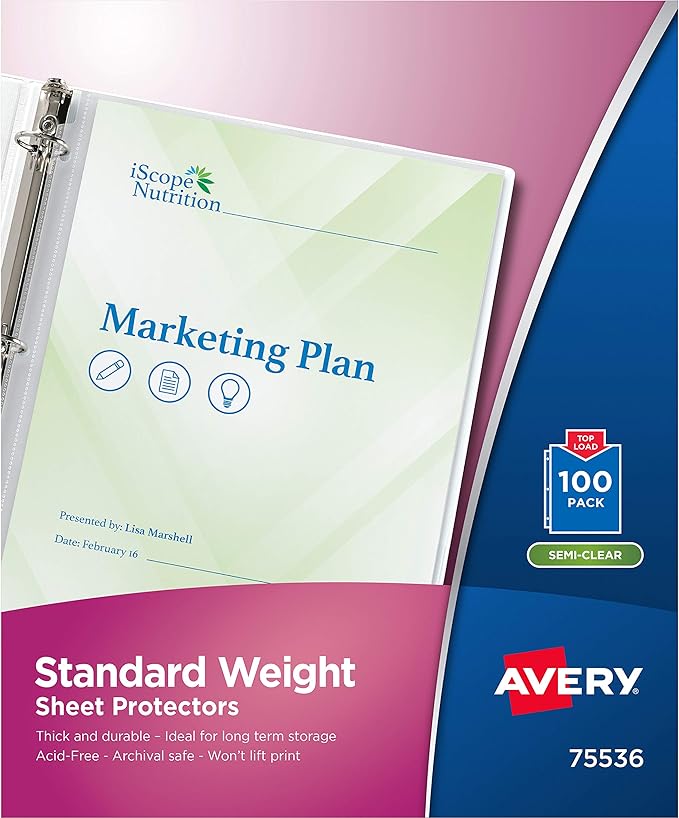 Avery Semi-Clear Standard Weight Sheet Protectors, Top Load, 100 Document Protectors (75536)