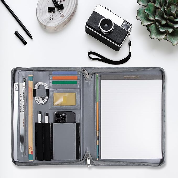Calfinder Portfolio for Men, Zippered Vegan Leather Padfolio for Women, Business Portfolio Organizer Folder, Professional Padfolio with A4 Notepad Holder for Interview/Meeting, Office Gifts, Gray
