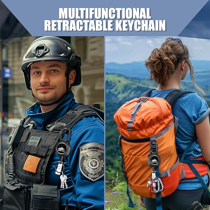 2 Pack Tactical ID Badge Reels, Cheimaxy Heavy Duty Carabiner Retractable Badge Holder, ID Card Holder, Retractable Keychain with 30IN Wire Rope, 8 OZ Weight Capacity