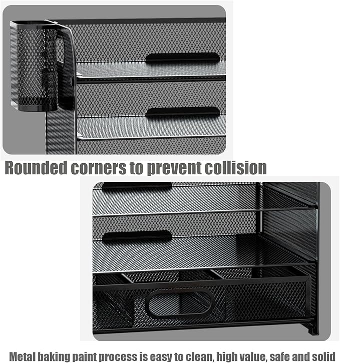 4-Tier Mesh Reader Desktop Accessory Storage,Desk File Organizer with A Sliding Drawer Two Pen Holders,Office Supplies Desk Organizer for Home Office