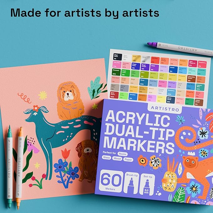 ARTISTRO 60 Acrylic Paint Markers for Fabric, Rocks, Paper, Wood, Canvas, Glass, DIY - Safe for Kids Dual Tip Acrylic Paint Pens (Dual Tip Dot + Brush, 60)