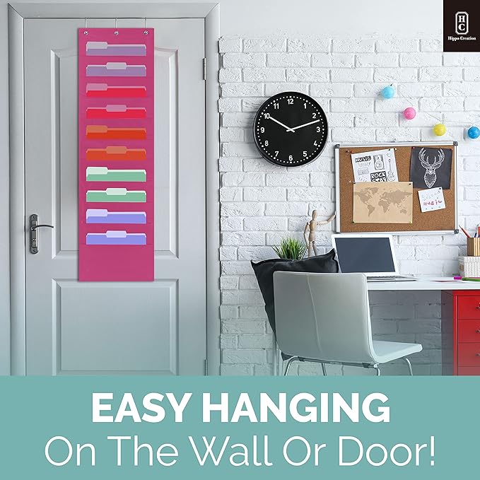 Hippo Creation Heavy Duty Storage Pocket Chart for Classroom, 10 Pocket Storage Organizer with 3 Over-Door Hangers, Hanging Wall Organizer for File Folders, School Mailbox, Home Office Papers - Pink