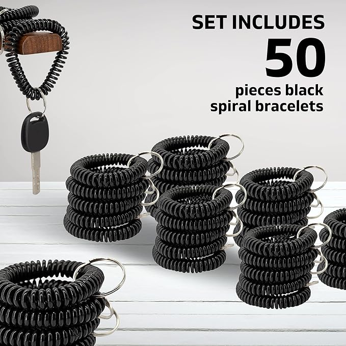 50PCS Keychain Wristlet Wrist Keychain Wristband Elastic Stretchable Spiral Bracelet Key Hook Key Holder for Gym Pool Spring Spiral Coil Black
