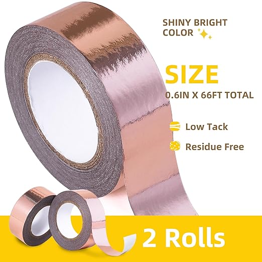 Solid Foil Washi Tape - Low Tack Self Adhesive Decorative Washi Tape Shiny Metallic Color - 3/5 Inch Wide and 66 FT Long Total, Rose Gold
