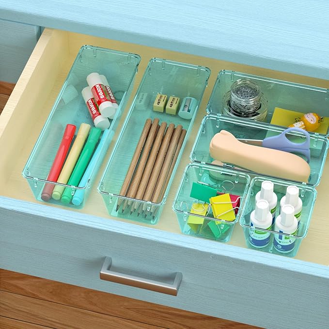 WOWBOX 12 Pack Clear Drawer Organizer Set, Acrylic Drawer Storage Trays, Storage Bins for Makeup, Cosmetics, Jewelries, Utensils, Gadgets, Office, Sea Blue