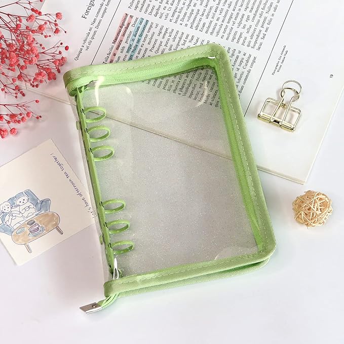 Multibey A5 Binder Cover Clear Soft PVC 6-Ring Binder Budget Cash Evelopes System with Zipper Planner Organizer Refillable Notebook Journal Binder (Grass Green, A6)