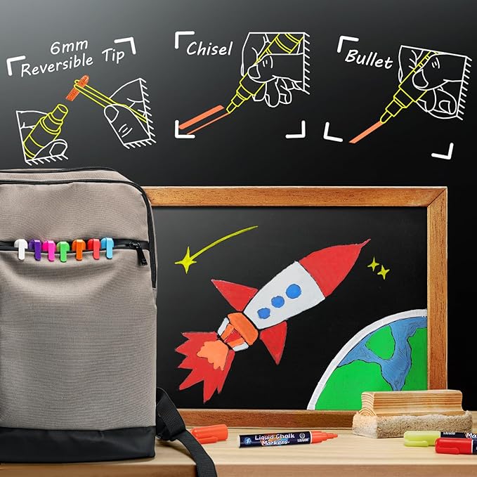 Neon Chalk Markers Erasable for Chalkboard, Liquid Chalk Marker 8 Colors with 6mm Reversible Bullet & Chisel Tip, Dust Free Chalk Pens for Window, Blackboard, Whiteboard, Calendar, Mirror, Glass