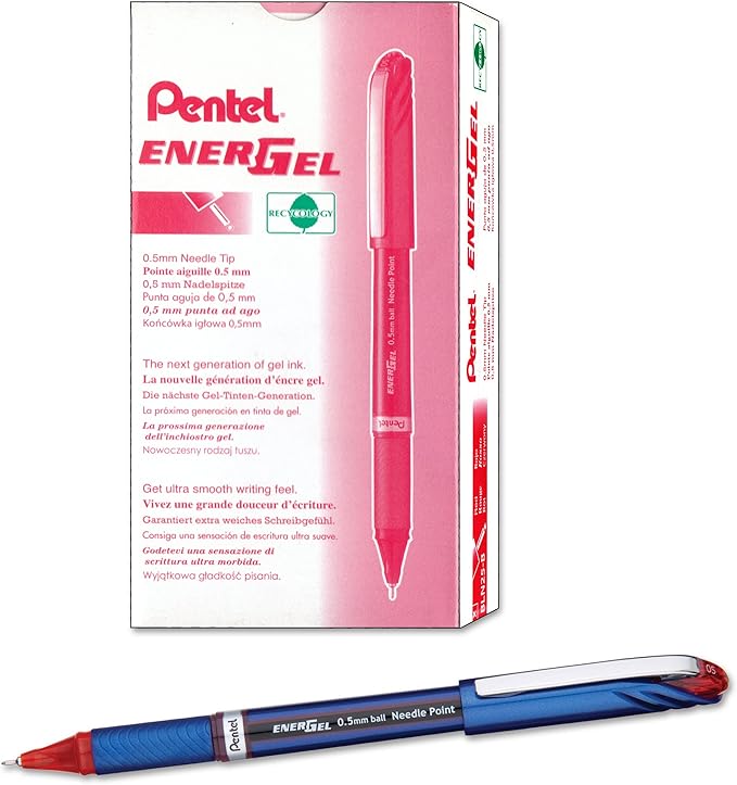 Pentel ENER-GEL NV Liquid Gel Pen, 0.5mm, Fine Line Capped, Needle Tip, Red Ink, Box of 12 (BLN25-B)